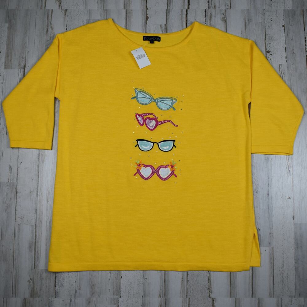 Vintage Yellow Cotton Shirt Top Embroidered Sunglasses Loose Fit Medium Summer